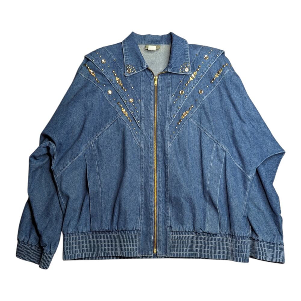 Vtg Y2K Gabby & Claudia Blue Denim Rhinestone Embellished Zip Up Jacket XL